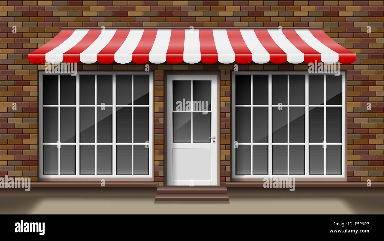 Brick kleine 3D-Fassade Vorlagen speichern mit Markise. Äußere leer Shop oder Boutique mit grossen Fenster. Leere mockup von stilvollen realistische Straße Shop. Vector Illustration Stock Vektor