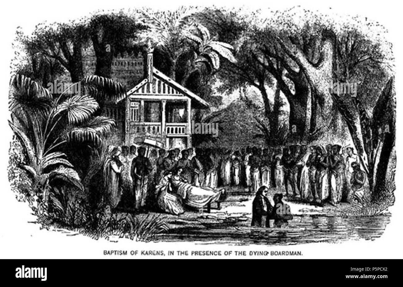 N/A. Taufe der Karen in Anwesenheit des sterbenden Boardman. 1885. Rev. G. Winfred Henrvey; Chancy R. Scheune 214 Boardman Tod Stockfoto
