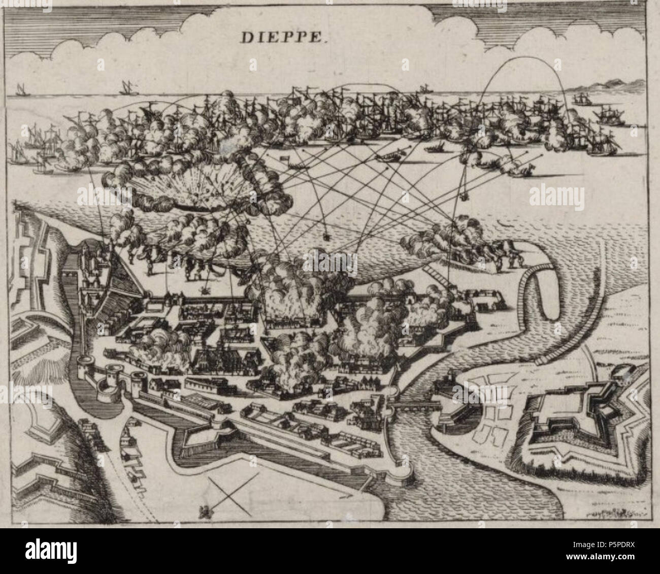 N/A. Français: Bombardement et Zerstörung de la Ville de Dieppe en 1694 par les flottes anglo-hollandaises. Estampe. Englisch: Bombardierung und Zerstörung der Stadt Dieppe im Jahre 1694 von der britisch-niederländische Flotte. 1694. Unbekannt 219 Bombardement de Dieppe en 1694 par l'Escadre anglo-Sauce Hollandaise Stockfoto