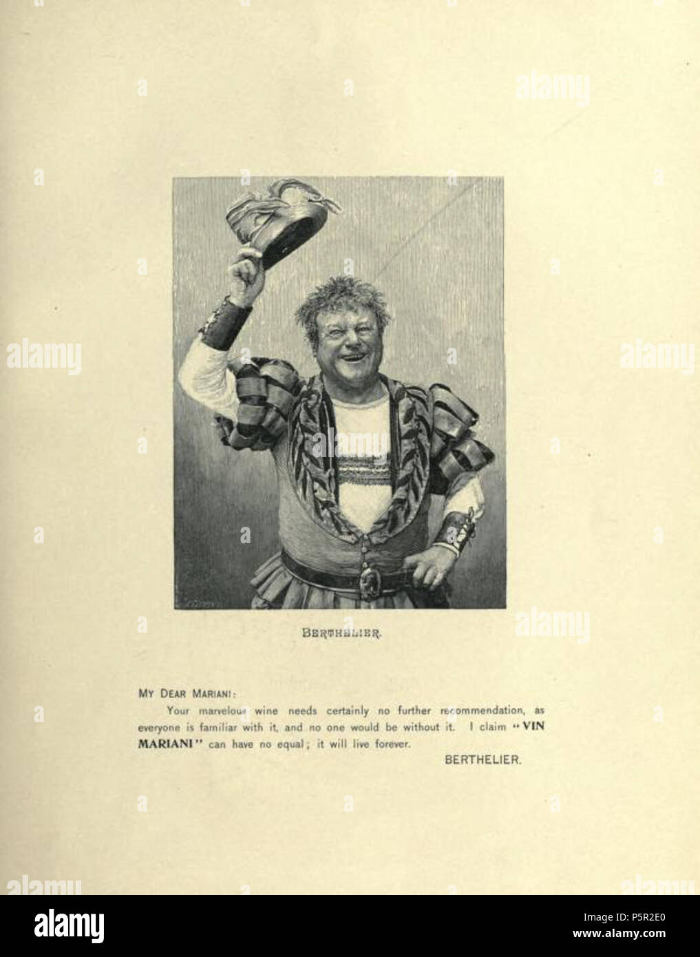 N/A. Gravure représentant Jean Berthelier suivie de sa dédicace à la Gloire du Vin d'Angelo Mariani. Abbildung: de l'ouvrage en anglais Porträts aus dem Album Mariani (1893) précédant la Veröffentlichung des quatorze Volumen de l'Album de français à partir de 1894. 1893. Graveur de l'ouvrage 194 Berthelier Porträts aus dem Album Mariani 1893 Stockfoto