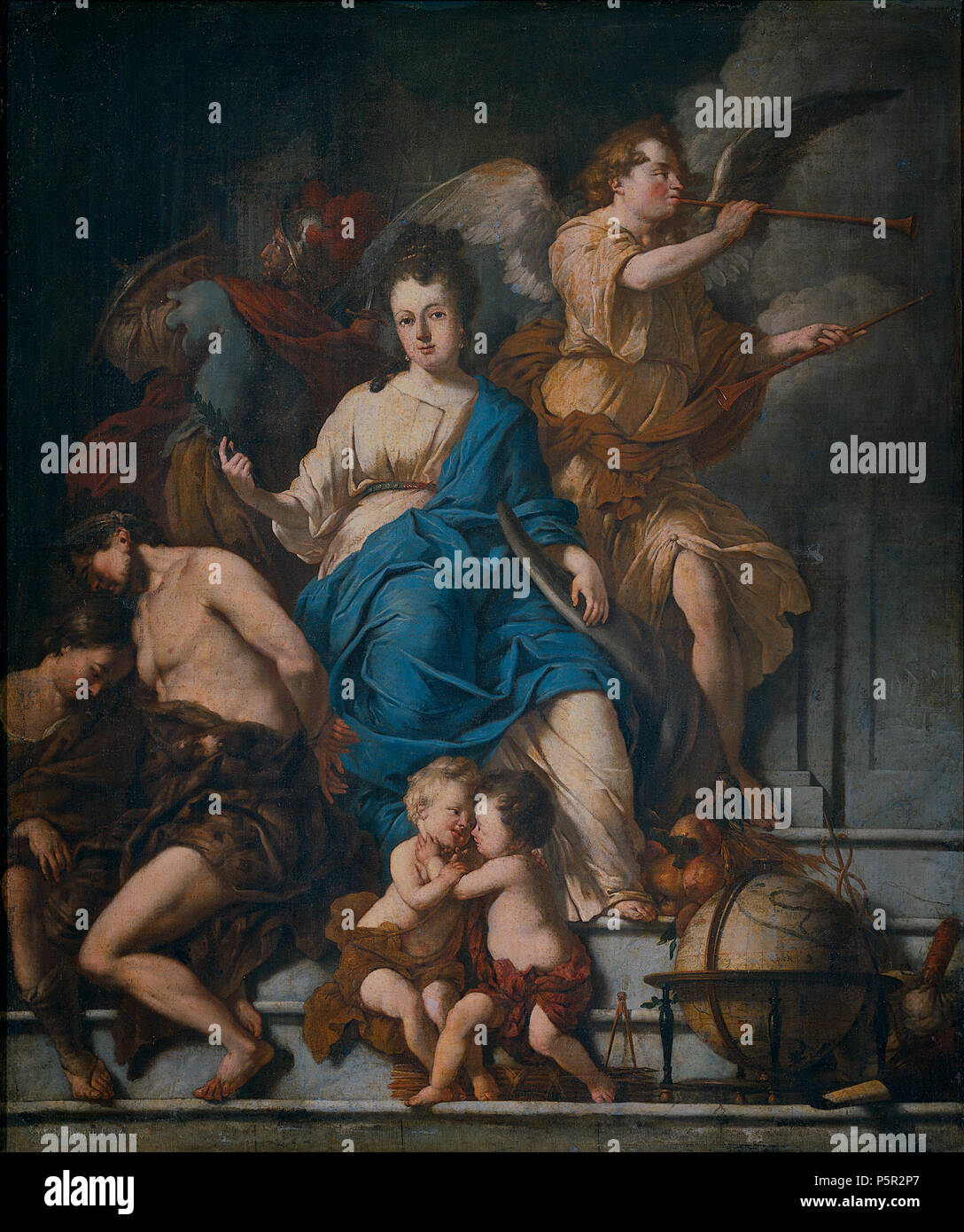 Allegorie der Vertrag von Rijswijk 1697. Allegorie auf den Vertrag von Rijswijk im Jahre 1697. Die weibliche Allegorie des Friedens sitzt in der Mitte, rechts Ruhm weht die Trompete. Auf der linken Seite Krieg, gekleidet wie ein Soldat, Austritt. Im Vordergrund zwei verkettete Gefangenen und zwei Kinder in der Umarmung. Unten rechts eine Kugel, einen Kompass und einen Geldbeutel. 1698. N/A86 Allegorie op de Vrede van Rijswijk, 1697 Rijksmuseum SK-A -2371 Stockfoto