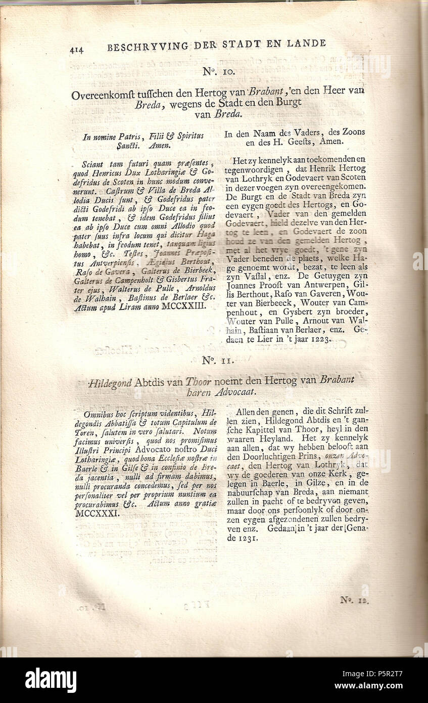 N/A. Nederlands: Bevat een overeenkomst tussen de Hertog van Brabant en De heer Van Breda uit 1233. 1744. Thomas Ernst Van Goor Original uploader wurde Janky bei nl. 195 Beschryving der Stadt en Lande Van Breda-1744-, Pag 414 Stockfoto