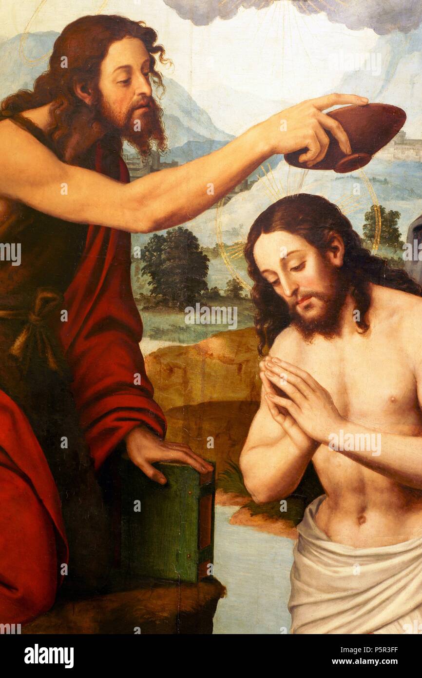 Bautismo de Jesús. c 1540-1545. Joan de Joanes (vicenç Macip). Óleo sobre Tabla. Museo Diocesano (Museu diocesà). Centro Historico. Palma. Mallorca Balearen. España. Stockfoto