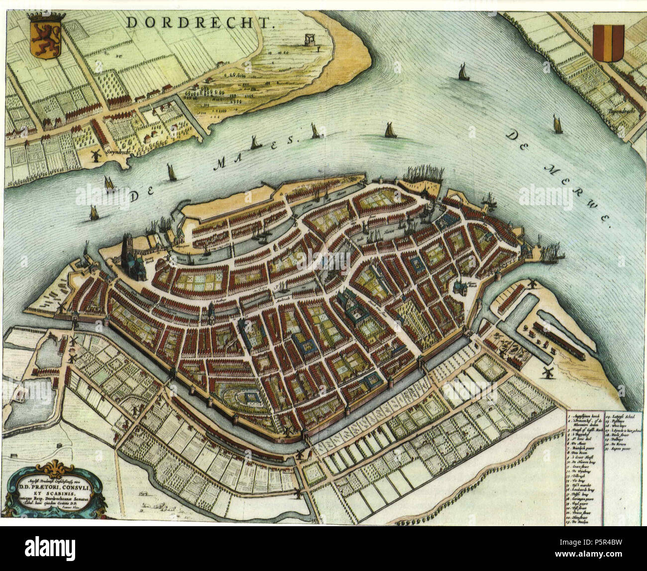 N/A. Titel Dordrecht von 'Blaeus Toonneel der Steden' (Niederländische Stadtpläne, bearbeitet von Willem und Joan Blaeu), 1652. . 1652. Willem Blaeu, Joan Blaeu 207 1652 - Dordrecht Stockfoto