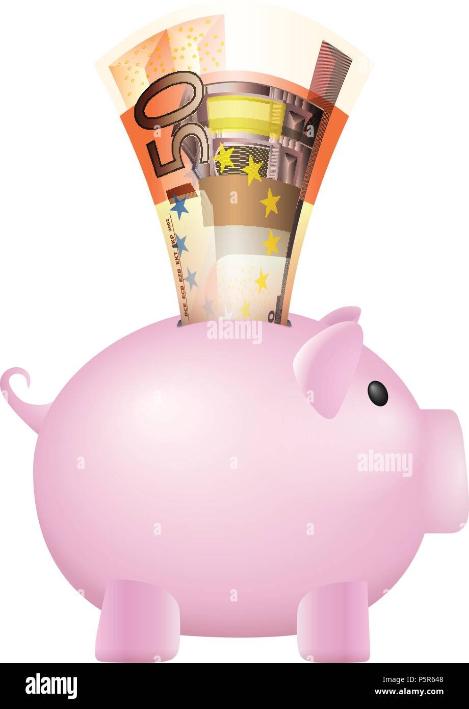 Piggy Bank 50 Euro-Banknote auf weißem Hintergrund. Stock Vektor