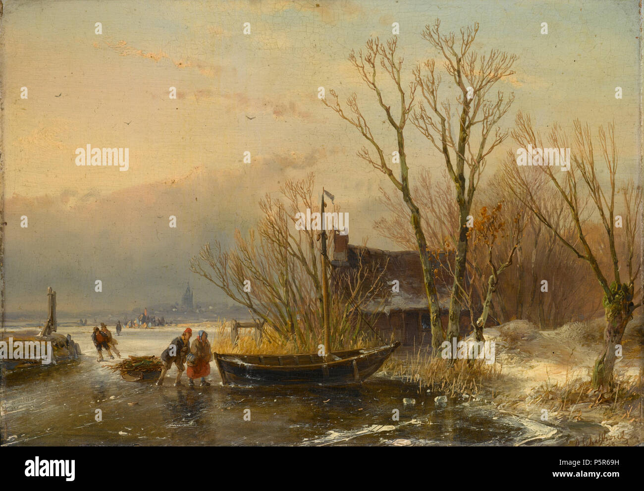 IJsgezicht met houtsprokkelaars 1849. N/A99 Andreas Schelfhout - IJsgezicht met houtsprokkelaars Stockfoto