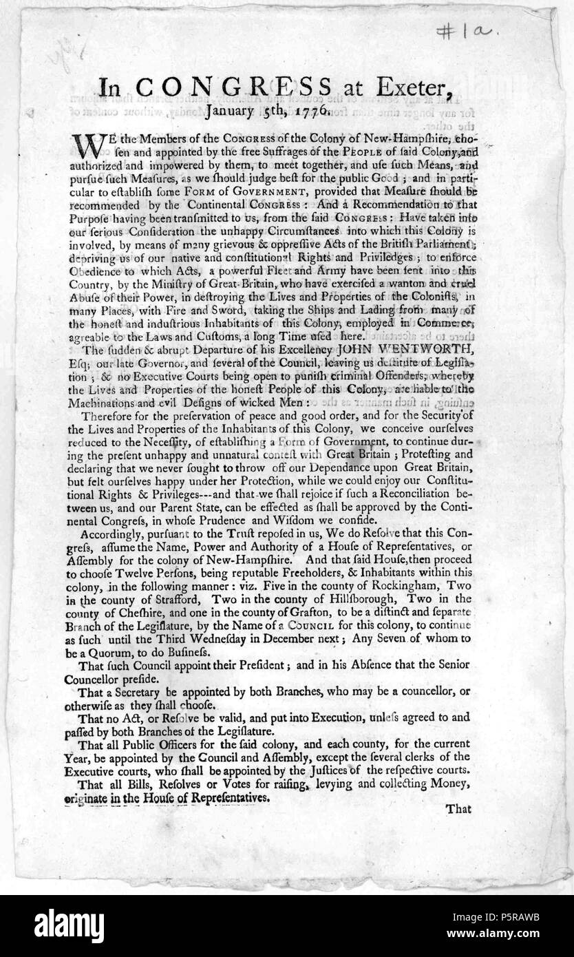 N/A. Englisch: Foto der Zweck des Kongresses der Kolonie New Hampshire, 5. Januar 1776 gewählt und durch den Freien suffragien der Menschen der ernannt sagte Kolonie. Gedruckt in Portsmouth, New Hampshire. Referenzen die plötzliche Abreise der Gouverneur John Wentworth. Mit freundlicher Genehmigung der Bibliothek des Kongresses in Washington, D.C. ist zu beachten, dass der Name ist irreführend, es handelt sich nicht um eine Breitseite, die auf beiden Seiten und mehrere Seiten gedruckt. 1776. Kongress der Kolonie New Hampshire 238 Breitseite im Kongress an der Exeter 1776 Stockfoto