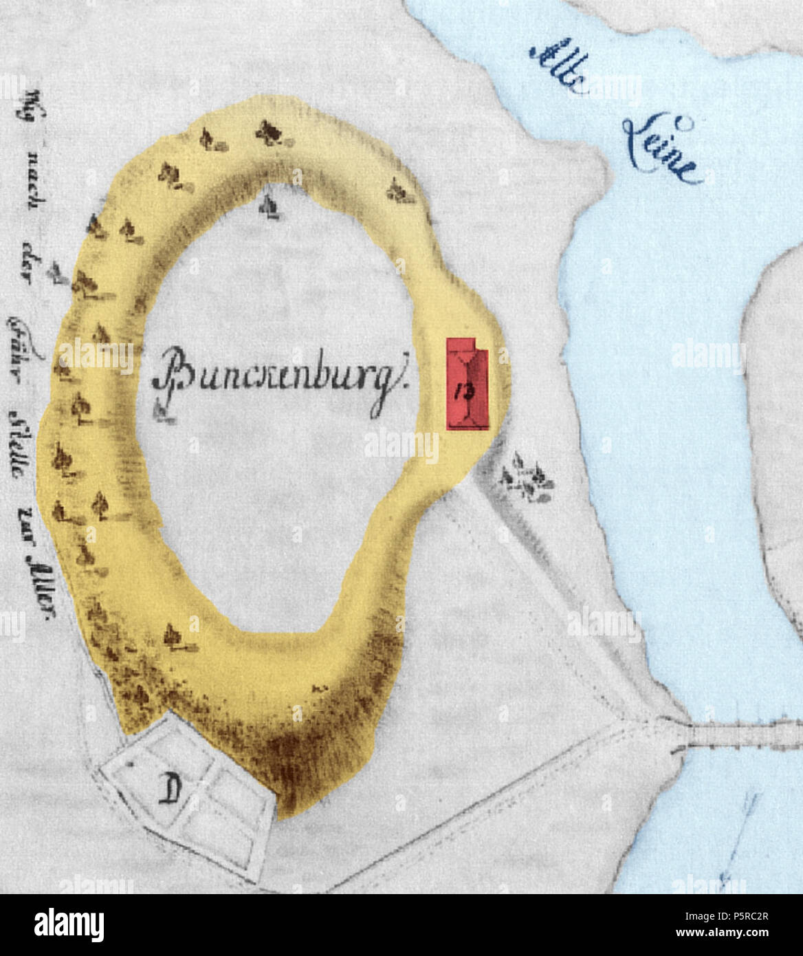 N/A. English: Bunkenburg bei Ahlden Plan von 1747. 1747. Unbekannt (wer sterben 1747 Zeichnung angefertigt hat, ist aber nicht bekannt, wahrscheinlich ein Schreiber oder Dept.); Foto von De: Benutzer: AxlHH 243 Brunkenburg 1747 Stockfoto
