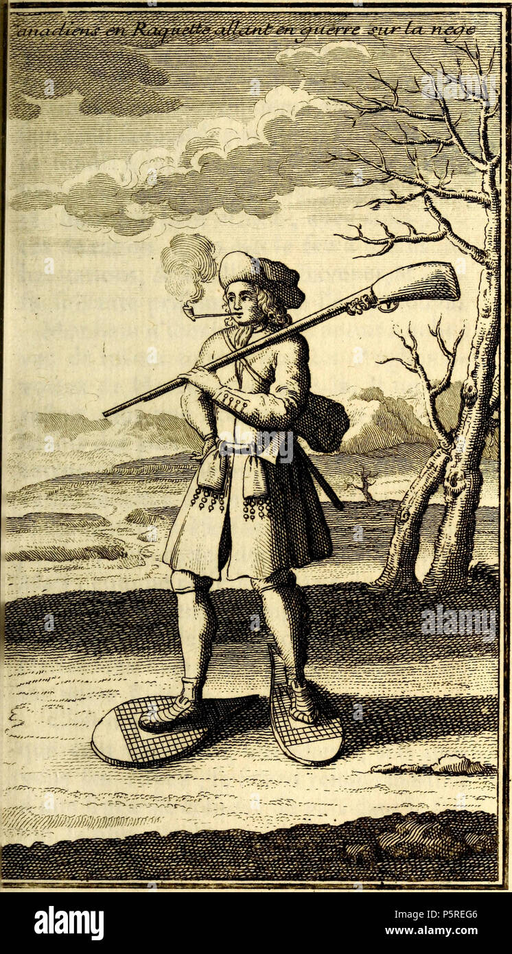 N/A. Français: Canadiens de raquette allant de guerre sur la neige. Dessin illustrer réalisé pour les campagnes de d'Iberville à Terre-Neuve et dans la Baie d'Hudson Pendant la Guerre de la Ligue d'Augsbourg (1688-1697). Dessin publié en 1722 par Jean Bacqueville de La Potherie dans son Livre l'Histoire de l'In septentrionale. Anglais: Darstellung eines französischen Kanadier im Krieg Kleid im Winter (Soldat oder miliz). Zeichnung der Kämpfe in Neufundland und die Hudson Bay, die während des Krieges von der Liga der Augsburg zu veranschaulichen (1688-1697). Zeichnung in 1722 dann veröffentlicht. Stockfoto