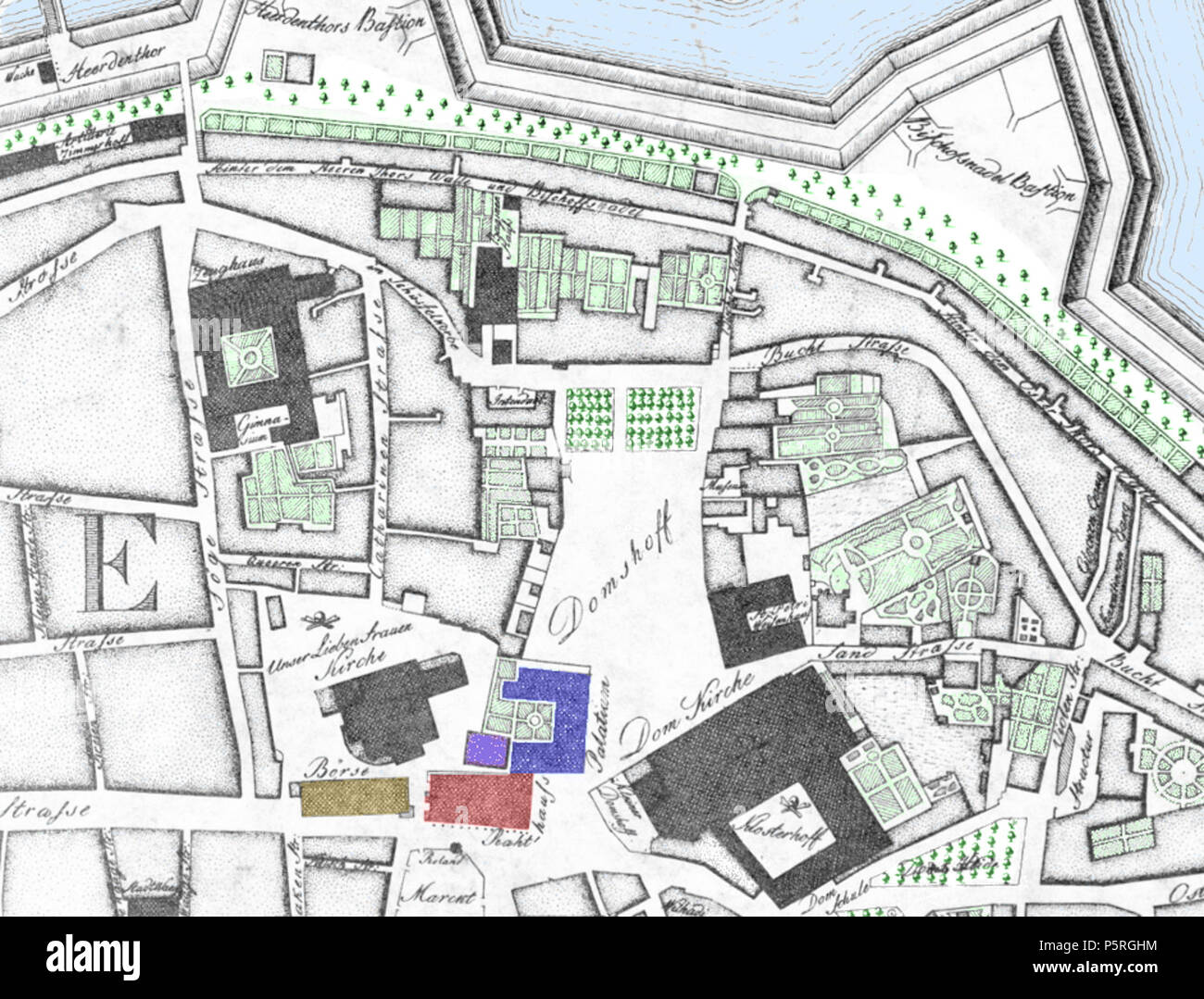 N/A. angepasst Schnitt der Stadtplan von Bremen gedruckt in 1796 Rot = Rathaus (Ayuntamiento), Blau = Palatium (Bischofssitz), dass die Zeit des Aufenthalts von einem Administrator des Hanoveran Enklave innerhalb der Stadt, Ocker = Börse (stock exchange) Fast alle Gärten in der Altstadt auf dem rechten Ufer in der Bischöflichen/Hanoveran Teil entfernt wurden. 1796, Anpassung 2015-01-07.de: Carl Ludwig Murtfeldt 233 Bremen 1796 Murtfeld Domshof Wand Stockfoto