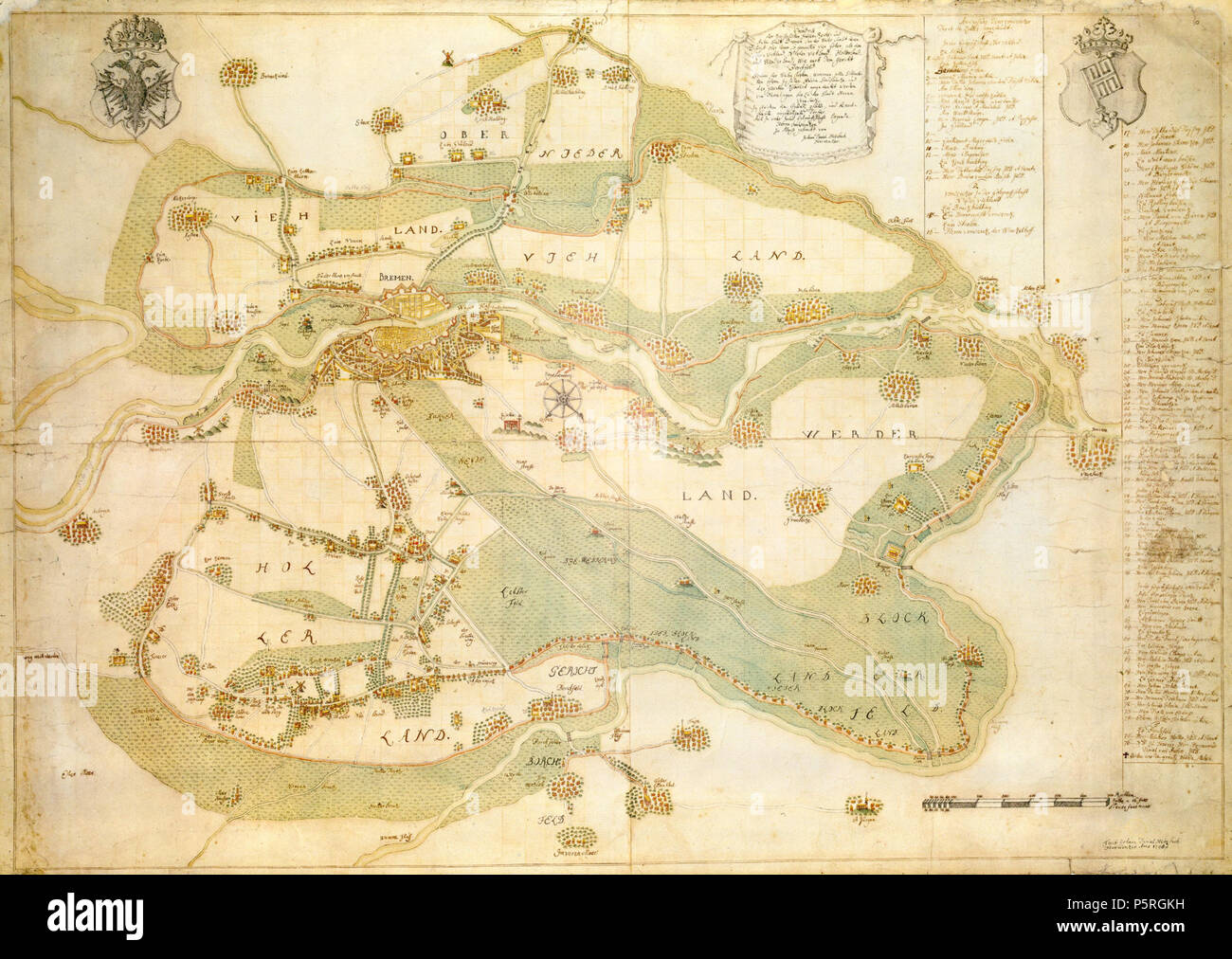 N/A. Kopie einer handgezeichneten Karte von Bremen und seine territoriale Besitzungen von 1748, schlechte Richtigkeit der topographischen Geometrie. 1748, Scan 2015-01-28, Upload 2015-02-01.de: Johann Daniel Heinbach, Scannen und Hochladen Ulamm (Talk) 234 Bremen samt vier Gohen Heinbach Stockfoto