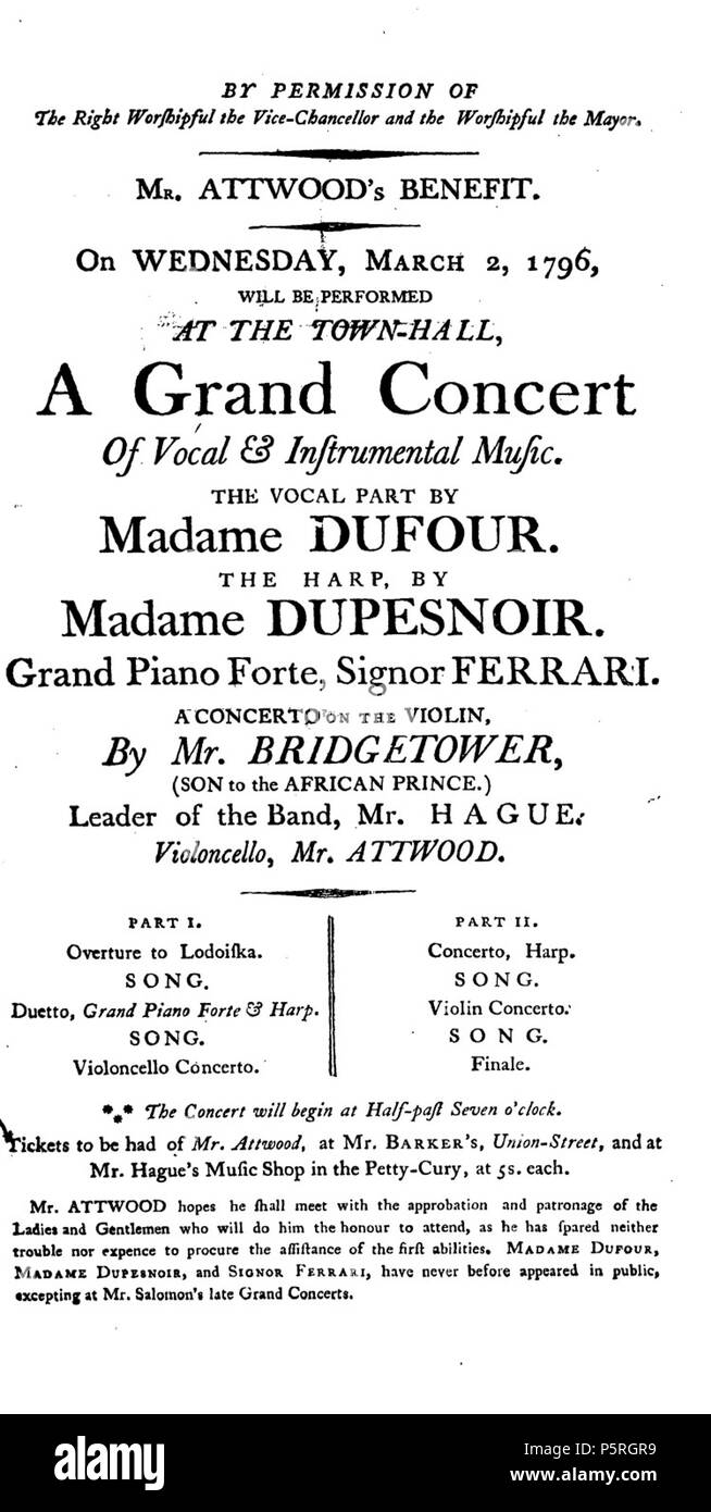 N/A. English: Anschlagzettel. 1796. Anonym 235 Bridgetower 3 Stockfoto