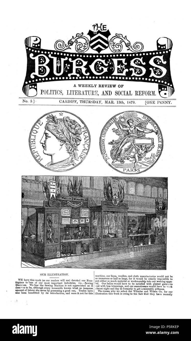 Burgess (Cardiff). Englisch: Eine wöchentliche Zeitschrift für Cardiff, dass Artikel über lokale Angelegenheiten neben anderen auf in- und ausländischen Angelegenheiten veröffentlicht. Deutsch: Cylchgrawn wythnosol ar gyfer Caerdydd ein oedd yn cyhoeddi newyddion lleol ar ac erthyglau faterion erthyglau ynghyd ac ar faterion cartref eine thramor 250 Burgess (Cardiff) (Welsh Journal) Stockfoto