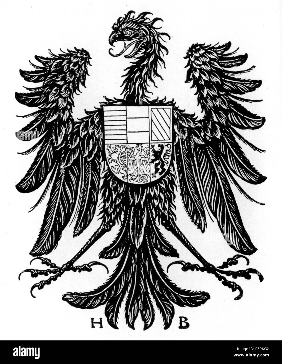 N/A. Reichsadler mit Wappen des österreichischen Hauses, Augsburg 1505 (Ausschnitt, das Original-Blatt weist noch lateinische Inschriften auf). 1505. Hans Burgkmair 250 Burgkmair Reichsadler 1505 Stockfoto