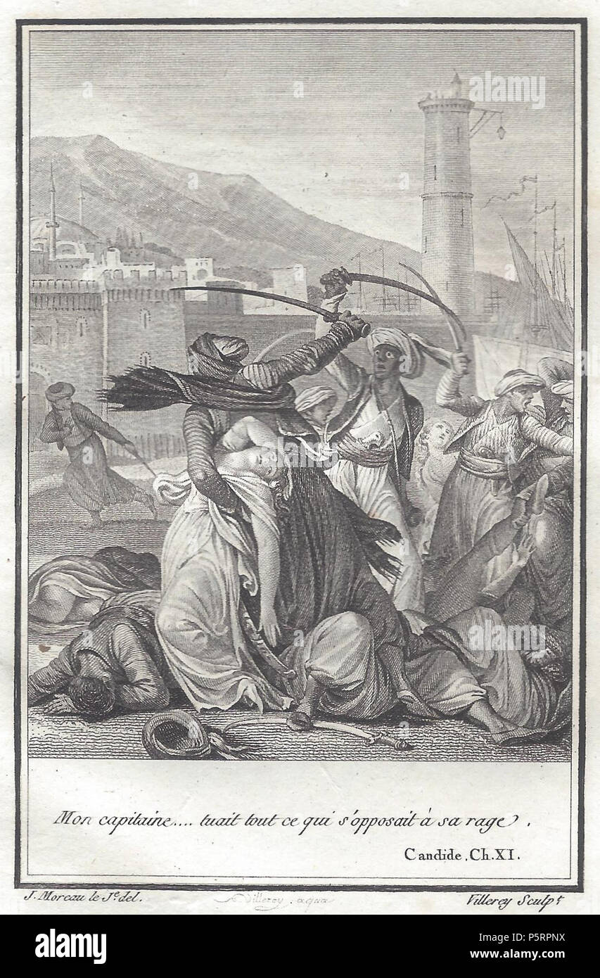 N/A. English: Jean-Michel Moreau: Abbildung: Kapitel 11 der Novelle Candide und nicht gedruckte Edition der Werke Voltaire bei Renouard, 1801. 1801. Jean-Michel Moreau, Zeichner; Antoine-Claude-François Villerey, Stecher 267 Candide Moreau b V Stockfoto