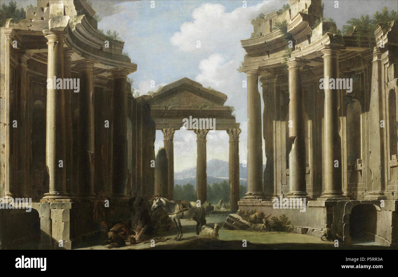 269 Niccolò Codazzi - ein architektonisches Capriccio mit Zahlen und ein Pferd neben einem Lagerfeuer Stockfoto