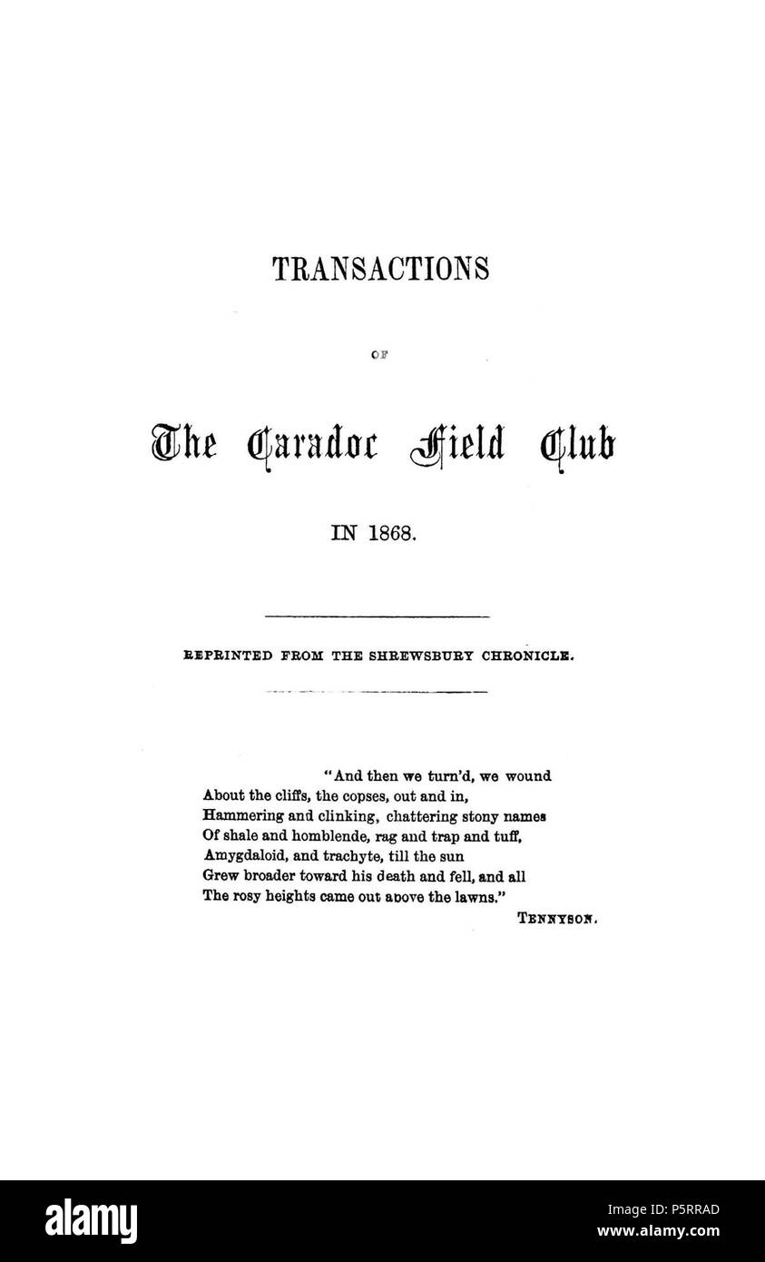 Caradoc Feld Club. Englisch: Die Zeitschrift des Caradoc Feld Verein, Berichte über die Aktivitäten des Clubs neben Artikeln über die Archäologie, Botanik und Geologie von Shropshire und Umgebung veröffentlicht. Zugehörigen Titel: Transaktionen der Caradoc und Severn Valley Feld Club (1893). Deutsch: y Cylchgrawn Caradoc Feld Club ein oedd yn weithgareddau adroddiadau cyhoeddi Ar'r clwb erthyglau ynghyd ac ar archeoleg, botaneg eine daeareg Sir Amwythig a'r cyffiniau. Teitlau cysylltiol: Transaktionen der Caradoc und Severn Valley Feld Club (1893) 270 Caradoc Feld Club (Welsh Journal) Stockfoto
