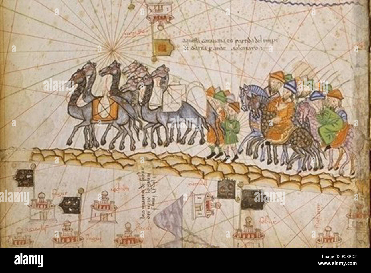 N/A. Caravane sur la Route de La Soie - Wohnwagen auf der Seidenstraße. 1380 (Datum, genaue Zitat Wenn nicht gültig verifiziert, dann Datum='Mid des 14. Jahrhunderts'.. Cresques Abraham 270 Caravane sur la Route de La Soie - Atlas Katalanisch Stockfoto