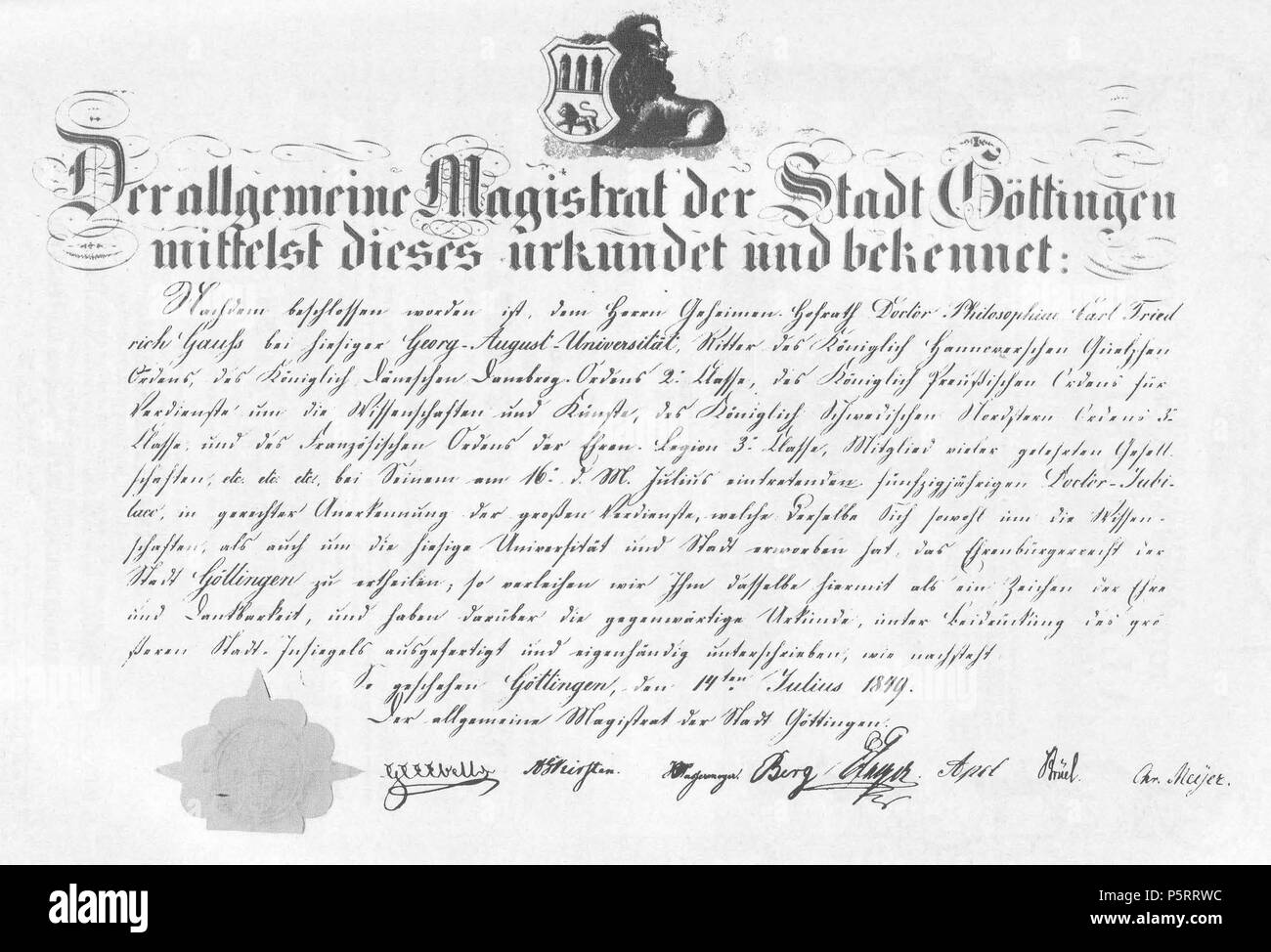 272 Carl Friedrich Gauß, Ehrenbürgerbrief der Stadt Göttingen Stockfoto