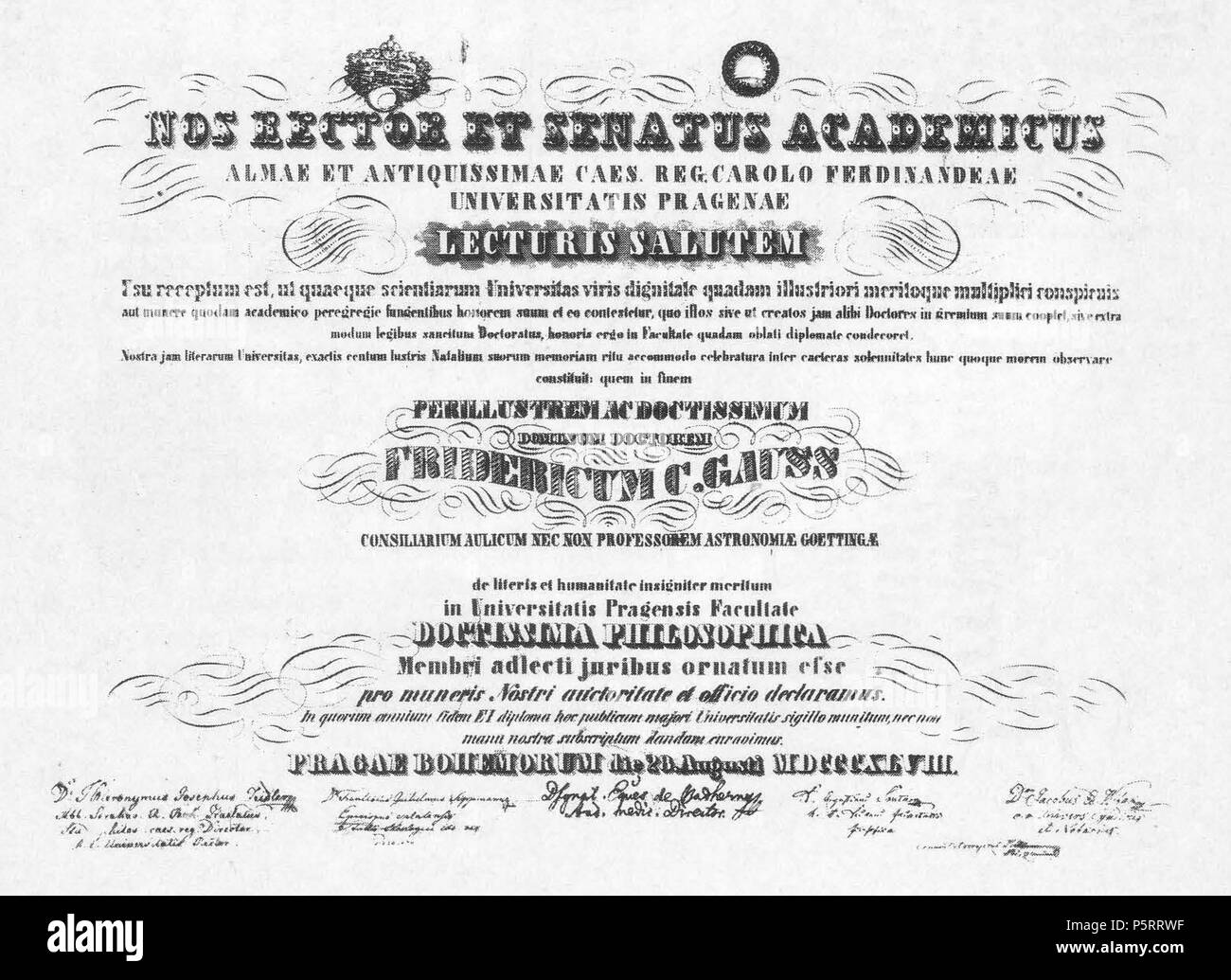 272 Carl Friedrich Gauß, mitgliedsdiplom der Philosophischen Fakultät der Universität Prag Stockfoto