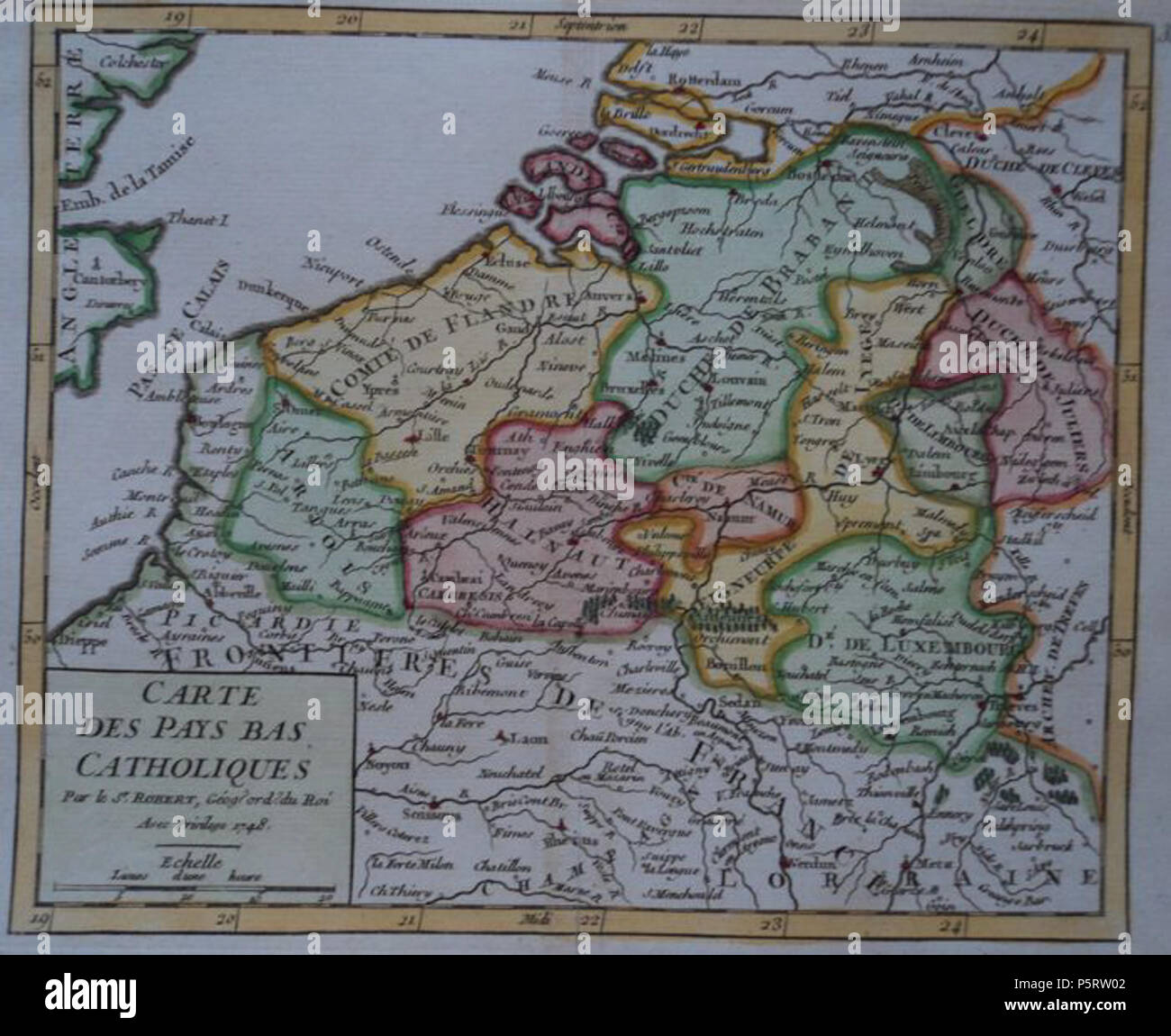 N/A. Englisch: Kleine Karte der Südlichen Niederlande (im Allgemeinen katholischen Niederlande von der Französischen genannt). Der Bereich weiß, historisch als die Südlichen Niederlande eine geografische war eher als eine politische Einheit. Sie beinhaltete die Spanisch (spätere österreichische) Niederlande, den Unabhängigen Staaten von Lüttich, Stavelot-Malmédy und Bouillon, sowie Gebiete im Süden (wie das Artois), die im Anhang für Frankreich gewesen war, wenn diese Karte im Jahre 1748 gedruckt wurde. 1748. Robert de Vaugondy, C. 1747 283 katholische (südlichen) Niederlande durch Vaugondy 1748 Stockfoto