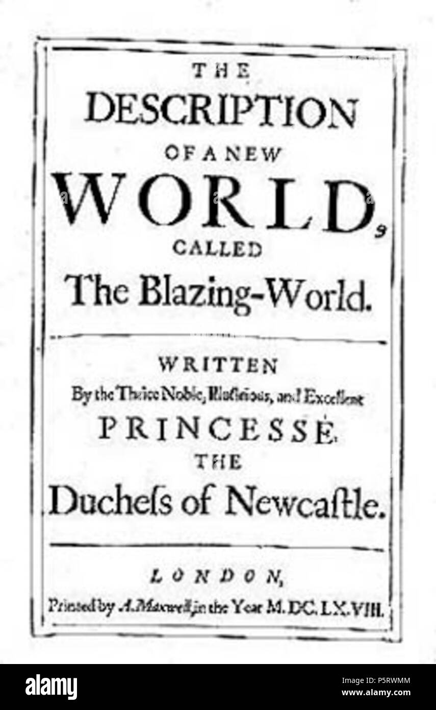 N/A. Titelseite von Margaret Cavendish der Beschreibung einer neuen Welt, die so genannte Blazing-World, 1666; rpt. 1668. 1668. Margaret Cavendish 284 Cavendish-Blazing Stockfoto