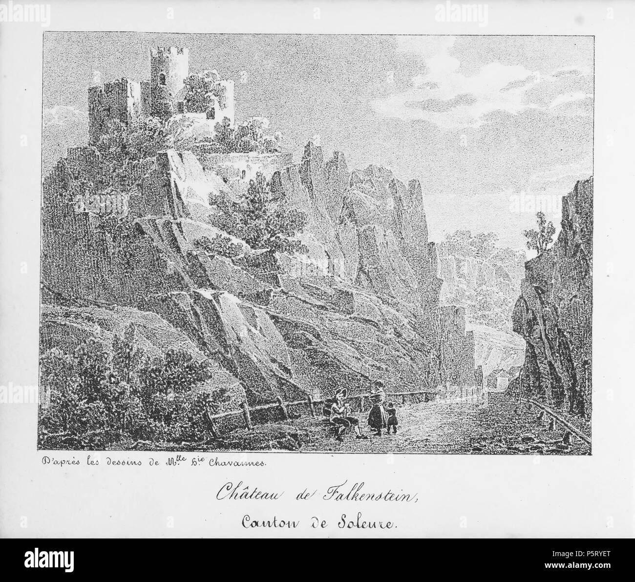 N/A. Français: Livre: "La Suisse en miniature: 100 vues lithographiées'; Château de Falkenstein, Kanton Solothurn. 1831. Chavannes, Herminie 318 CH-NB-La Suisse en miniature-19522 - Seite 090 Stockfoto