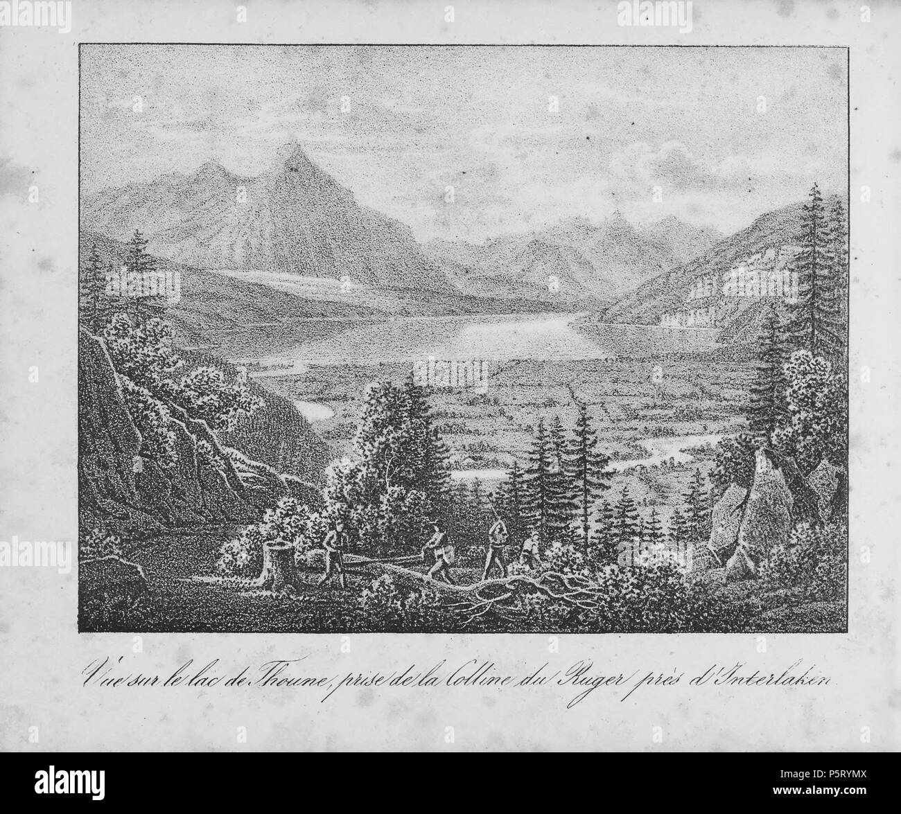 N/A. Français: Livre: "La Suisse en miniature: 100 vues lithographiées'; Vue Sur Le Lac de Thun, Hebeln de la Colline du Ruger Près d'Interlaken. 1831. Rothmüller, Jacques; Chavannes, Herminie; Frey, Samuel; Engelmann, Godefroy; Courtois, Jean-Baptiste 318 CH-NB-La Suisse en miniature-19522 - Seite 136 Stockfoto