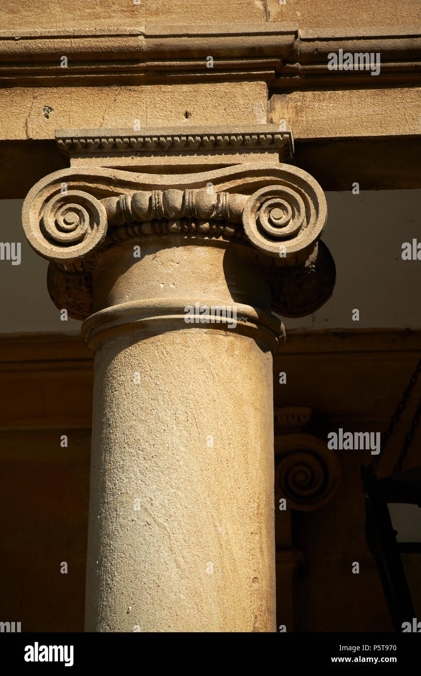 Ionische Säulen Detail der klassischen architektonischen Stein Carven auf die römischen Bäder komplexe Badewanne England Großbritannien Stockfoto