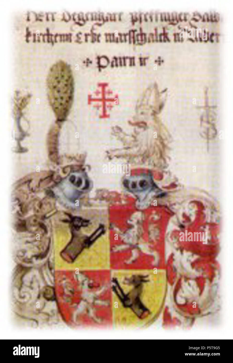 N/A. Deutsch: Erste Seite des Heiltumbuches von degenhart Pfaffinger mit dem Wappen von 1511 und den drei Orden (Orden vom Heiligen Grab, Kannenorden und Schwertorden). Wilhelm Pätzsold, genannt, das heisst, dass Meisterlehrgaenge von Mühldorf" zwischen 1511 und 1519. 6. November 2011. Wilhelm Pätzsold (Verm) 431 Degenhard stammb Stockfoto