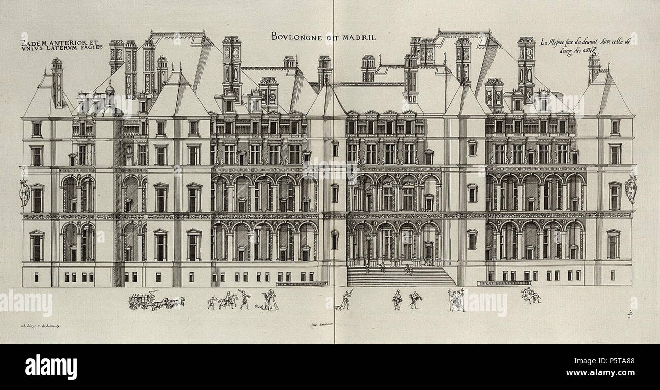 N/A. Français: Face avant et un des cotés du Chateau de Madrid, tirés de l'ouvrage d'Androuet du Cerceau Les plus excellents bastiments de France. XVI ème siècle. Ich Jacques Androuet du Cerceau (1510-1585) Alternative Namen Jacques Androuet; Jacques Androuet du Cerceau l'Ancien; Jacques Androuet Du Cerceau; Jacques Androuet DuCerceau; Jacques Androuet Ducerceau Beschreibung des französischen Architekten, Kupferstecher und Verfasser der Vater von Baptiste Androuet du Cerceau Vater von Jacques II Androuet du Cerceau Datum der Geburt / Tod 1510 oder 1512 Januar 1584 Ort der Geburt / Todes Paris Annecy Stockfoto