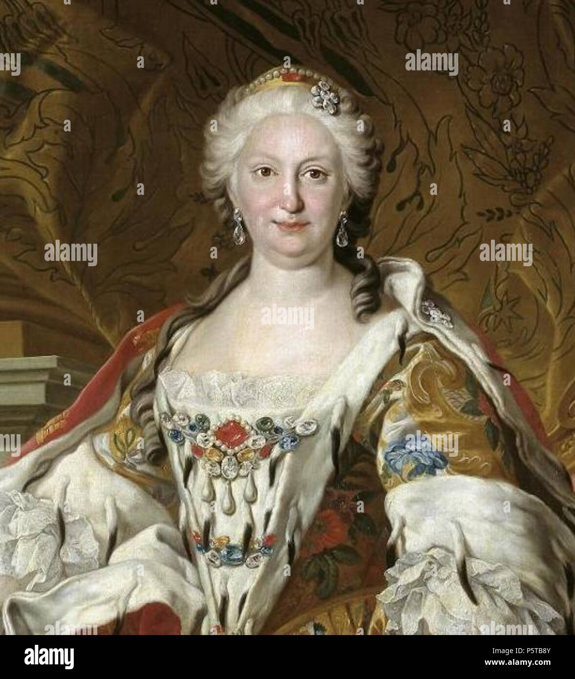 N/A. Español: Retrato de la Reina Isabel de Farnesio (1692-1766), hija de Eduardo II Farnesio, Parador De Jarandilla de los ducados de Parma y Plasencia, y de Dorotea Sofía de Neoburgo, y Reina consorte de España por su matrimonio con Felipe V, de Quien su fue Segunda esposa. 1743. 1743 441 Detail von Königin Elisabeth Farnese von Van Loo Stockfoto