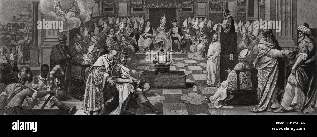 Geschichte der ökumenischen Konzilien von Rom. Erstes Konzil von Nizäa im Jahr 325 von Kaiser Konstantin einberufen I und von Papst St. Sylvester I. in Paris Veröffentlicht ratifiziert, Gravieren, 1869. Stockfoto