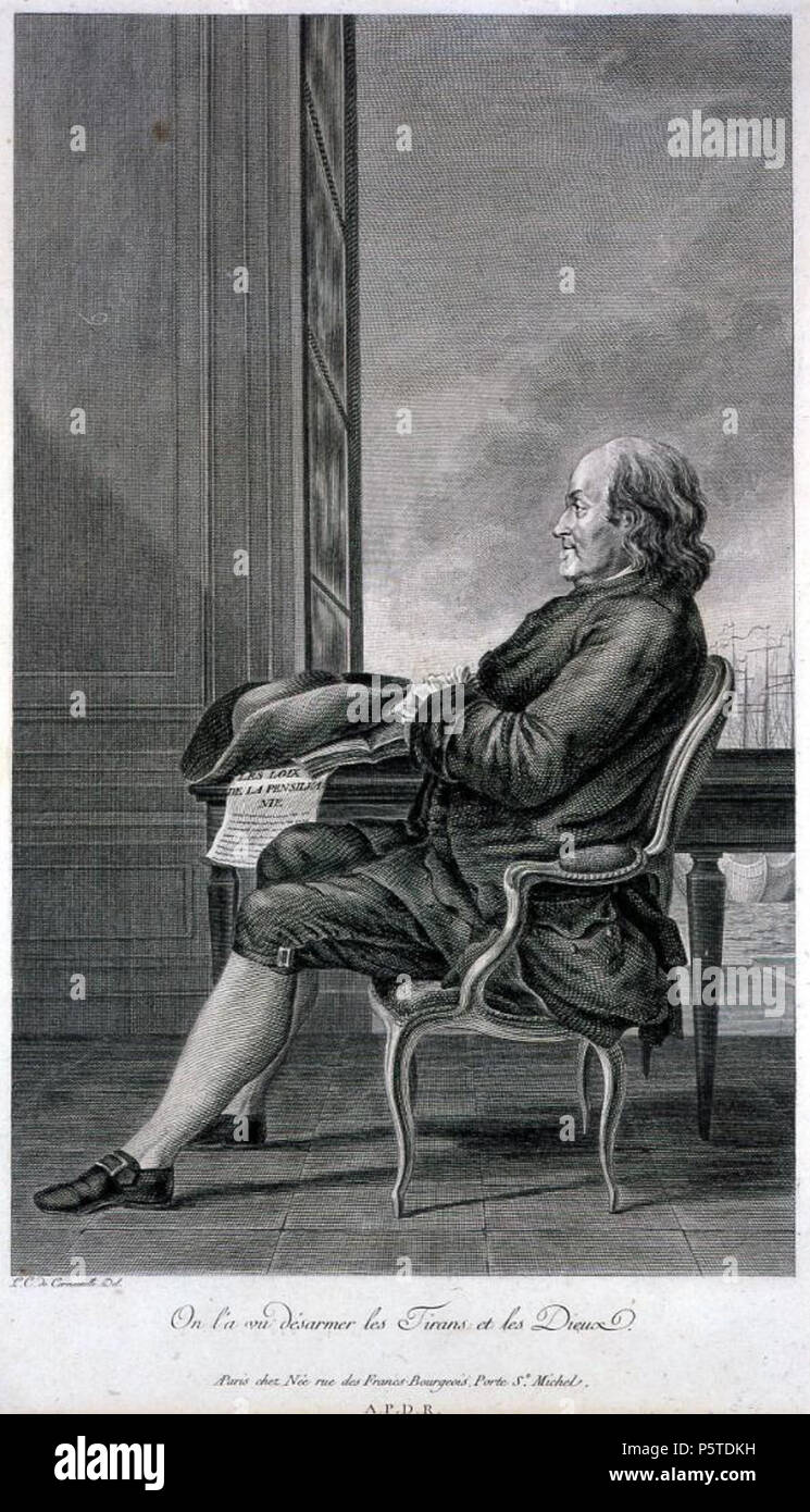 N/A. "Benjamin Franklin". Zeile Gravur von François Denis Geb. nach einem Portrait von Carmontelle. Private Sammlung. Inschrift: "l'a Vu désarmer les Tirans et les Dieux.' ('Tyrannen und Götter sind bekannt zu Ihm geführt zu haben."). 1781. François Denis Geb. (1732-1817)/Carrogis Carmontelle (Louis) (1717-1806) 275 Carmontelle - Benjamin Franklin Stockfoto