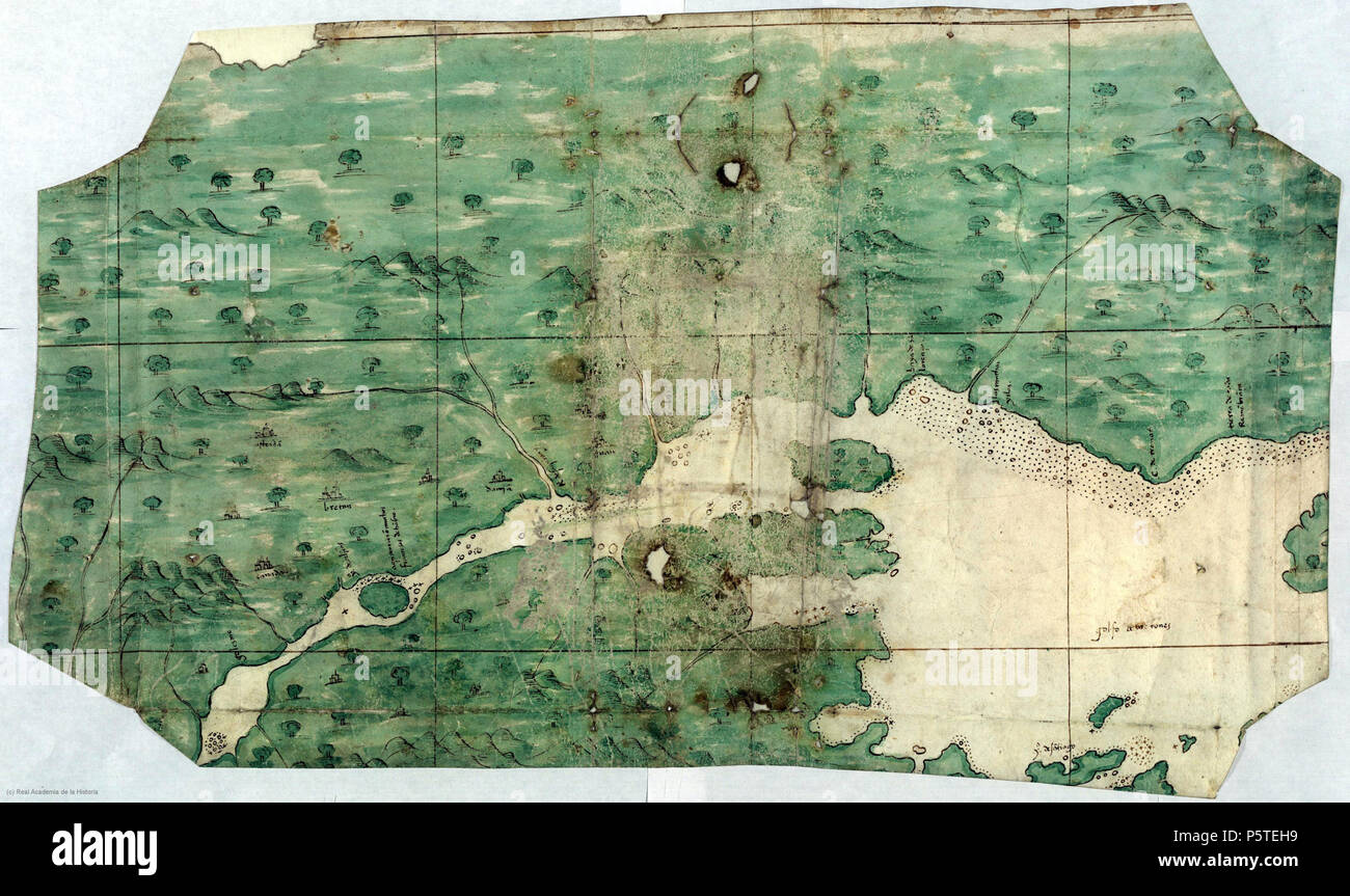 N/A. Español: Mapa de la región del Río San Lorenzo (en el tatsächliche Canadá) realizado en España el siglo XVI conservado y de la Real Academia de la Historia. Deutsch: Karte der Saint Lawrence River Region (im heutigen Kanada) in Spanien im 16. Jahrhundert, und bewahrt heute an der Real Academia de la Historia. Français: Carte de la Région du fleuve Saint Laurent (actuel Kanada) réalisé en Espagne au XVIe siècle, et conservé à la Real Academia de la Historia. ca. 1541. Anónimo, siglo XVI, España 279 Carte espagnole fleuve Saint Laurent Stockfoto