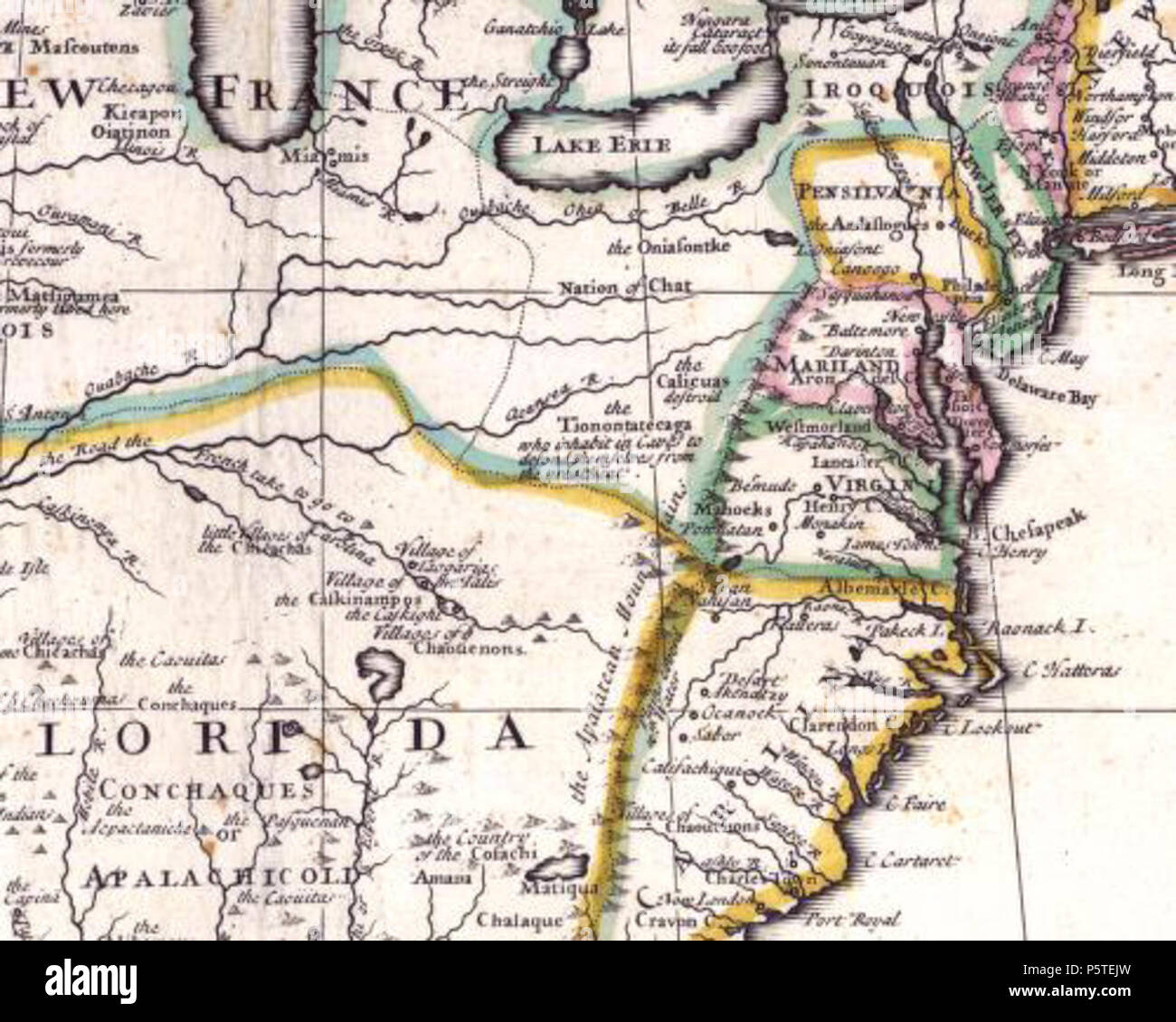 N/A. Français: Carte partielle de l'In du Nord en Englisch: Elemente der Erie Nation oder Konföderation im allgemeinen Bereich des oberen Ohio Valley auf dieser Abbildung dargestellt als "NATION DER CHAT', ein Mal-Übersetzung von 'Volk des Cat', die Irokesen Spitzname für die Irokesen Cousins, deren voller Name war "Menschen der Panther' [1]. Karte Klammer von John SENEX Karte (Ca. 1710), das die Völker Captain Vielle verabschiedet auf seiner Reise (1692-94) in Chaouenon des Landes zu gelangen, wie der französische Jesuit der Shawnee Menschen genannt. . 1710. Unbekannt 279 Carte Nouvelle Cuisine aus Frankreich et 13 Kolonien en 1710 Stockfoto