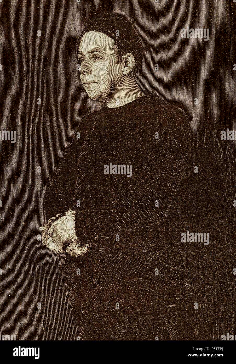 HISTORIA DEL TEATRO. "CRISPIN'. Personaje de la antigua comedia Italiana. Símbolo del Lacayo, socarrón y sin escrúpulos. Coquelín en el Papel de Crispín. Grabado de E. Frial SA. 'La Ilustración Artística', año 1902. Stockfoto