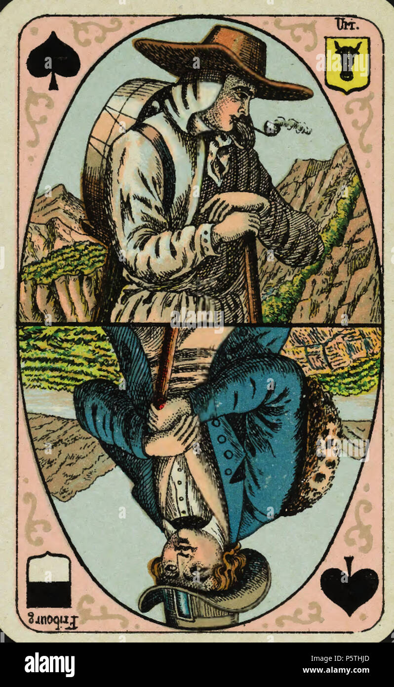N/A. Deutsch: Spiel: "Kartenspiel mit Schweizer Ansichten', Pik-Bube, Wappen: Uri und Fribourg. ca. 1890. Unbekannt 318 CH-NB-Kartenspiel mit Schweizer Ansichten -19541 - Seite 031 Stockfoto