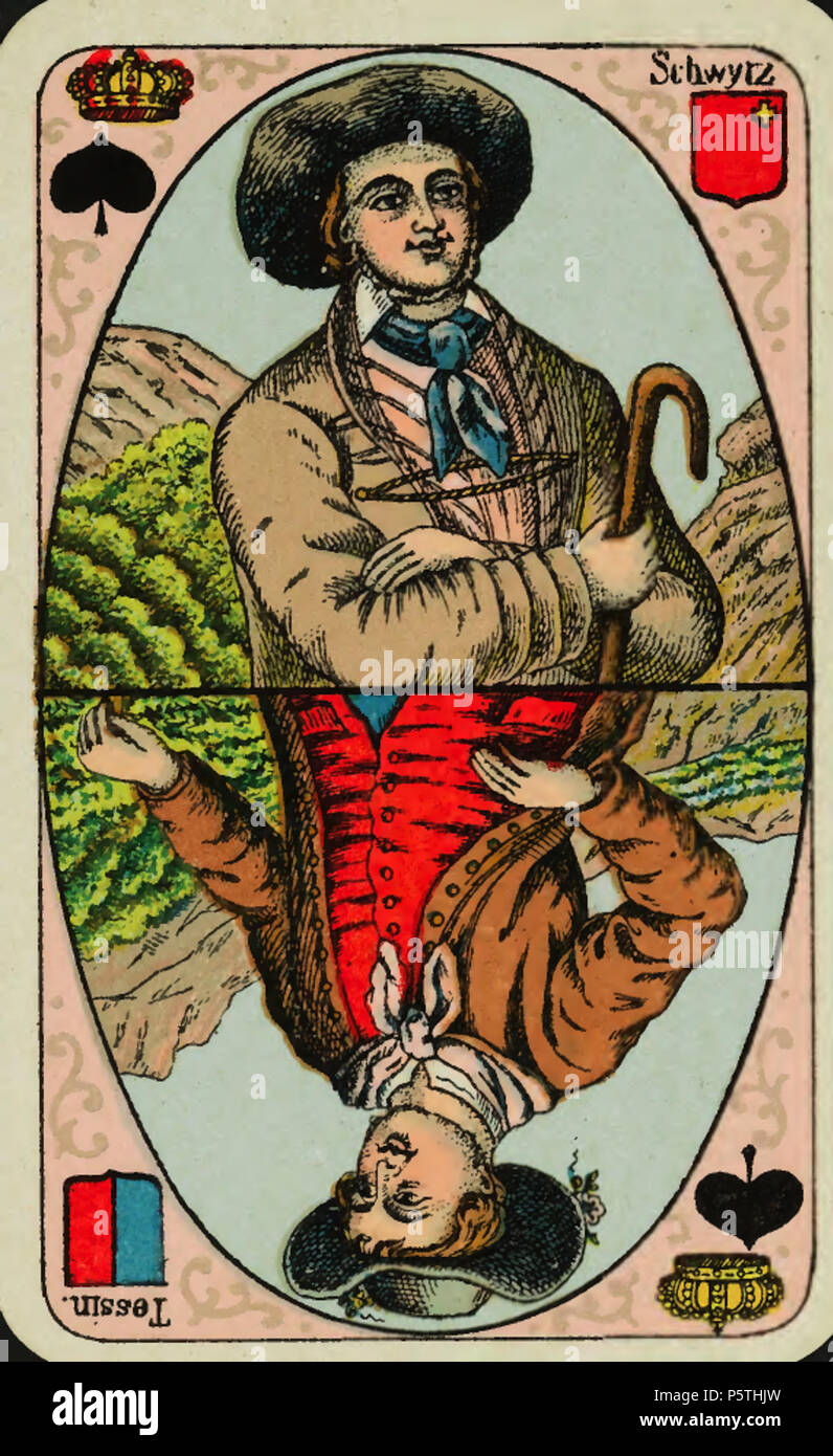 N/A. Deutsch: Spiel: "Kartenspiel mit Schweizer Ansichten', Pik-König, Wappen: Schwyz und Tessin. ca. 1890. Unbekannt 318 CH-NB-Kartenspiel mit Schweizer Ansichten -19541 - Seite 035 Stockfoto