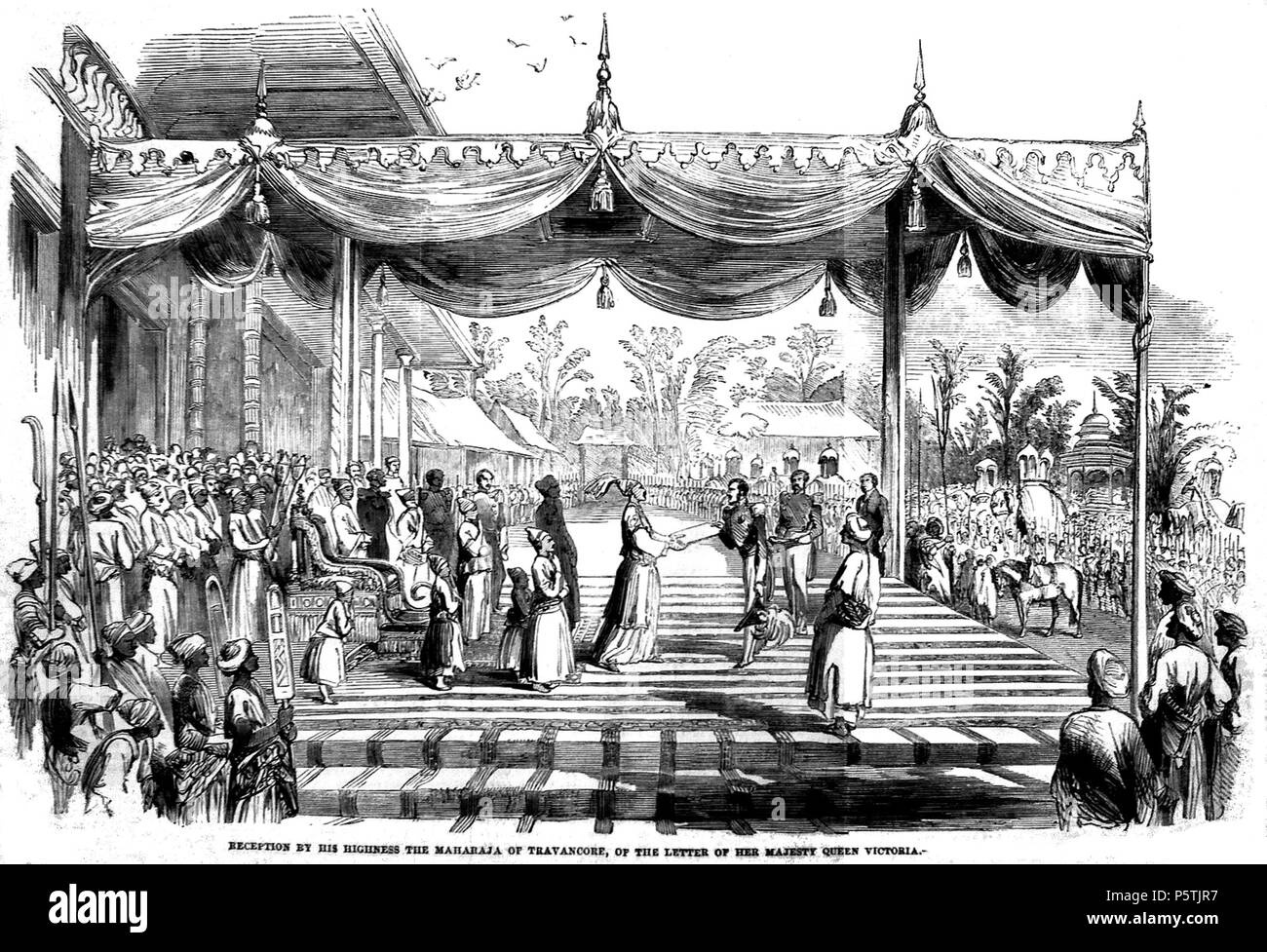 N/A. Empfang von Seiner Hoheit der Maharadscha von Travancore Uthram Thirunal Marthanda Varma des Briefes von Ihrer Majestät Königin Victoria von der britischen Bewohner William Cullen, am 27. November 1851. Illustrated London News vom 31. Januar 1852. 1852. Gravur auf der Grundlage einer Skizze von Friedrich Christian Lewis (1813-1875) 394 CullenTravancore Stockfoto