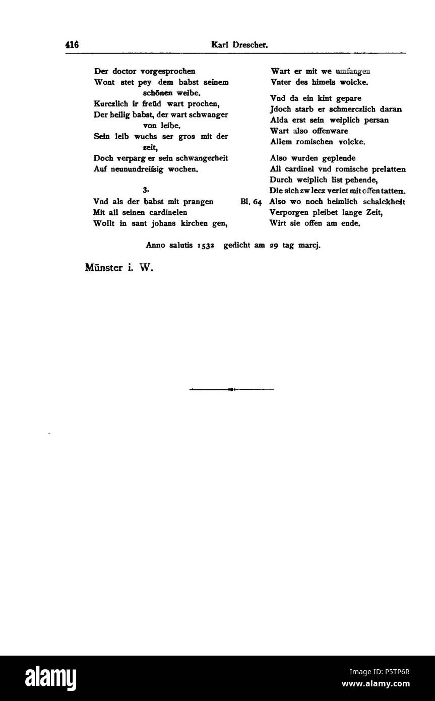 N/A. Der Babst, mit dem Art. In: Zeitschrift für vergleichende Litteraturgeschichte. Neue Folge, 7. Band. Hg. von Max Koch. Weimar und Berlin, 1894. S. 415-416. 1532. Hans Sachs 436 Der Babst, mit dem Art 2 Stockfoto