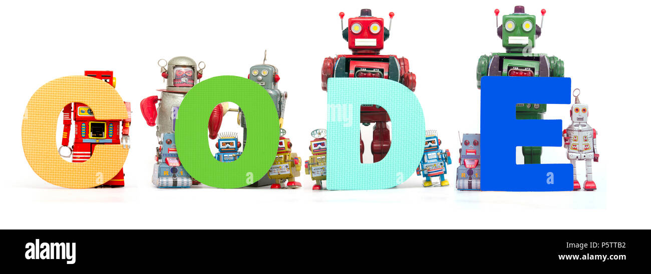 Retro Zinn Roboter Spielzeug halten bis das Wort CODE auf Weiß isoliert Stockfoto