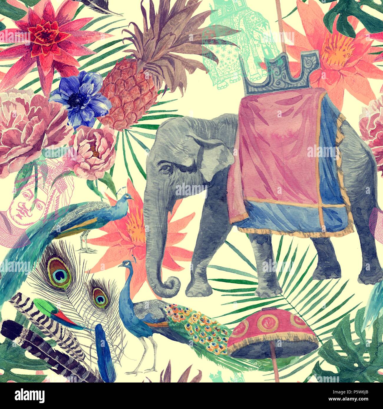 Nahtlose vintage im indischen Stil Muster mit Elefanten, Pfauen, Blüten, Blätter. Hand gezeichnet Aquarell. Stockfoto