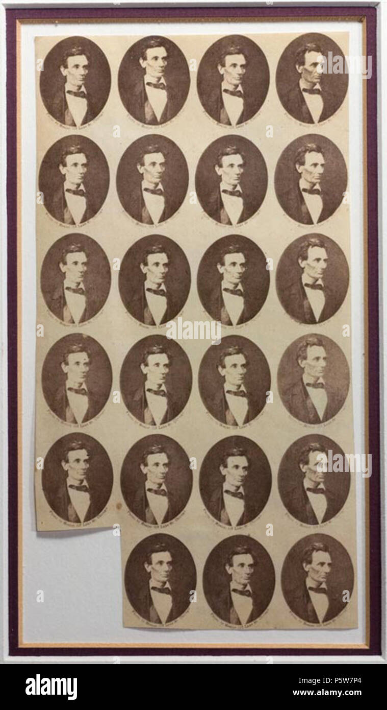 N/A. Englisch: 20 drei kleine (1-Zoll hohes) Salz Fotos drucken, die vermutlich dazu bestimmt waren, den politischen Bänder angebracht werden. Die Fotos wurden von Alexander Hessler am 3. Juni 1860 übernommen. Hinweis Die Hessler Impressum unter jedem Foto. eština: V ROCE 1858 zhotovil portrét Abrahama Lincolna (3 cm) vysoký ein pipevnil jej k hedvábné stuze. Byla z prvních politických pásek vytvoených bhem Lincolnova pedvolebního Boje se senátorem Stephenem Douglasem téhož Roku, Jedna. O dva Roky pozdji vznikly oválné portrétní Fotografie (2,5 cm vysoké) na slaném papíe, které byly pravdpodobn ureny pro pipevnní na p Stockfoto