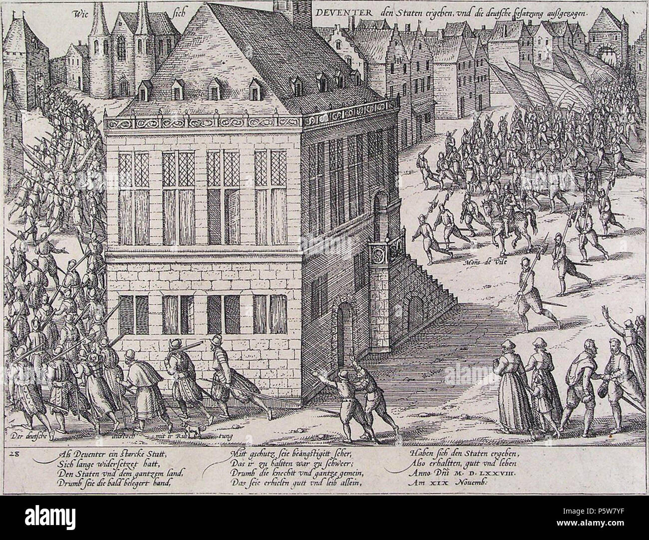 N/A. Englisch: getroffen von der Niederländischen Streitkräfte (Staten) nach der Belagerung von 1578 Deventer Deventer. Die deutschen Truppen zurückziehen. Radierung. Rotterdam, Museum Boijmans Van Beuningen Prentenkabinet (Inv.-Nr. BdH 26252 (PK)). Nederlands: Deventer Tür de Staten genomen. Ets. Rotterdam, prentenkabinet Museum Boijmans Van Beuningen (Inv. nr. BdH 26252 (PK)). Inschriften/Inscripties: Wie sich DEVENTER den Staten ergeben, Vnd sterben deutsched außgezogen Besatzung. Mons de Vile Der deutsche austoch mit ir Rustung 28 als Deuenter ein starcke Statt, // Sich lange widersetzet Hatt, //Den Staten Vnd dem gantzem lant, / Stockfoto