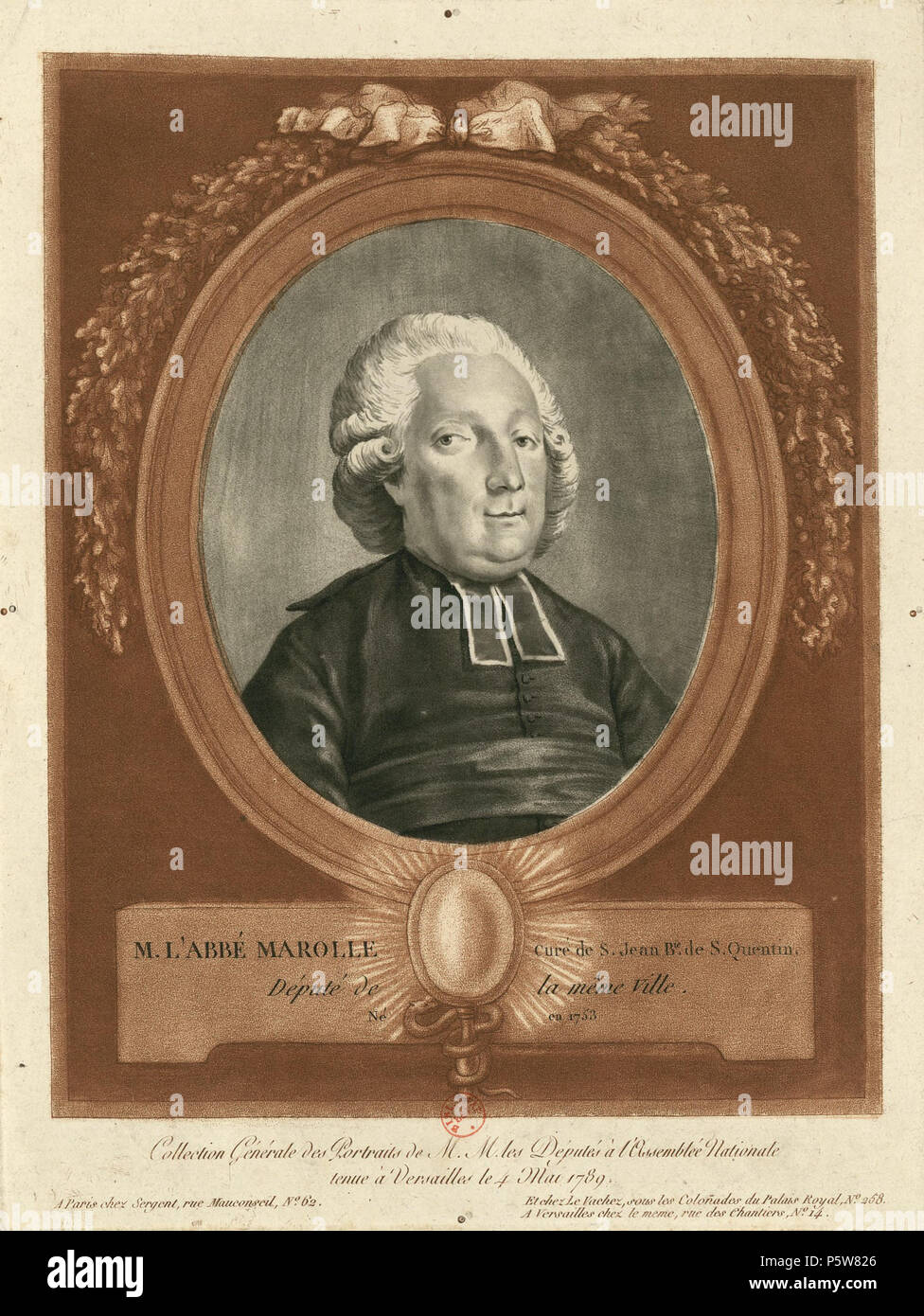 N/A. Français: M. l'Abbé Marolle, Pfarrer de S. Jean B. te de S. Quentin: député de la même Ville, né En 1753. 1789. Chez Sergent Édité à Paris 352 Claude Marolles 4 Stockfoto
