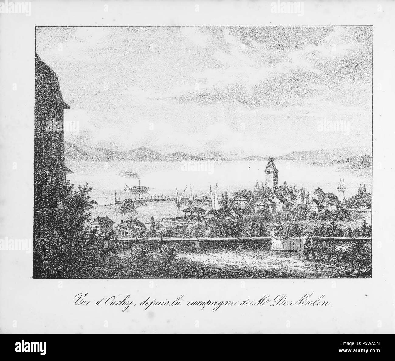 N/A. Français: Livre: "La Suisse en miniature: 100 vues lithographiées'; Vue d'Ouchy, depuis la campagne de Herr De Molin. 1831. Rothmüller, Jacques; Chavannes, Herminie; Frey, Samuel; Engelmann, Godefroy; Courtois, Jean-Baptiste 319 CH-NB-La Suisse en miniature-19522 - Seite 186 Stockfoto