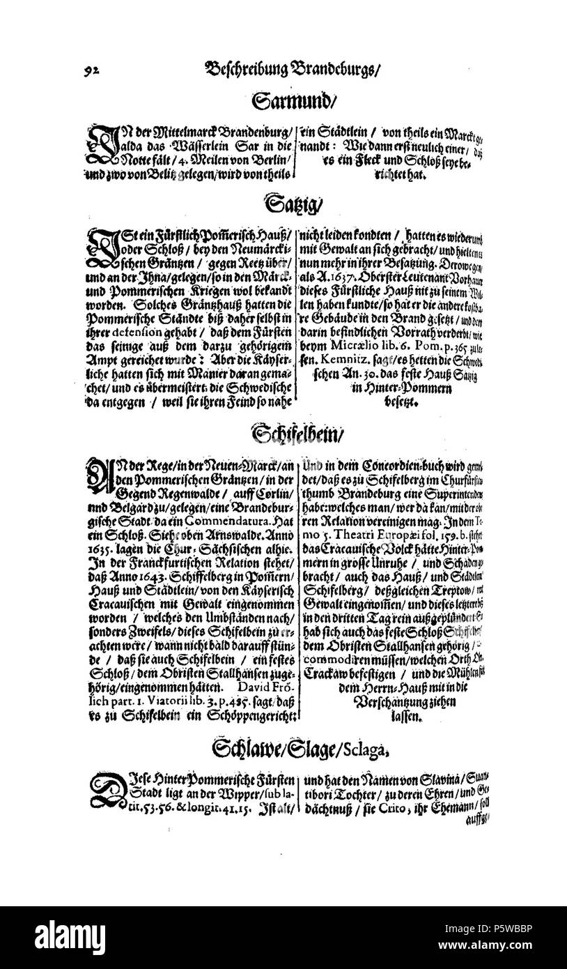 423 De Merian Electoratus Brandenburgici et Ducatus Pomeraniae 283 Stockfoto