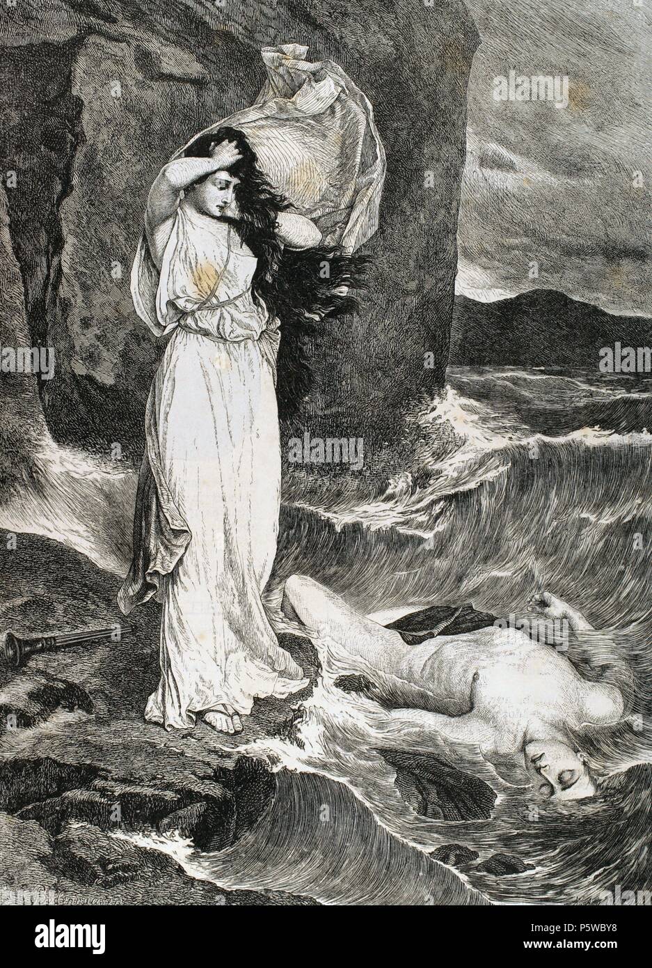 Liebhaber Held, Priesterin der Aphrodite und Leander, junger Mann von Abydos. Leander ertrunken. Kupferstich von Walla. Die in der Abbildung dargestellte Welt, 1882. Stockfoto