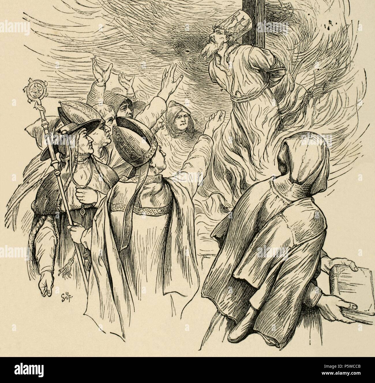 Jan Hus (1369-1415). Tschechische Priester, Philosoph, Reformer und Master an der Karls-Universität in Prag. 1410 Exkommuniziert die Lehren von Wycliffe zu propagieren. Unter dem Schutz des Königs Wenzel und sichere Durchführung des Kaiser Sigismund, 1414 besuchte das Konzil von Konstanz, wo er versuchte, war und wegen Ketzerei verbrannt. Dies löste der Hussitischen Aufstand (1419-1434), Geschichte der Religionskriege. Gravur. "Germania", 1882. Stockfoto